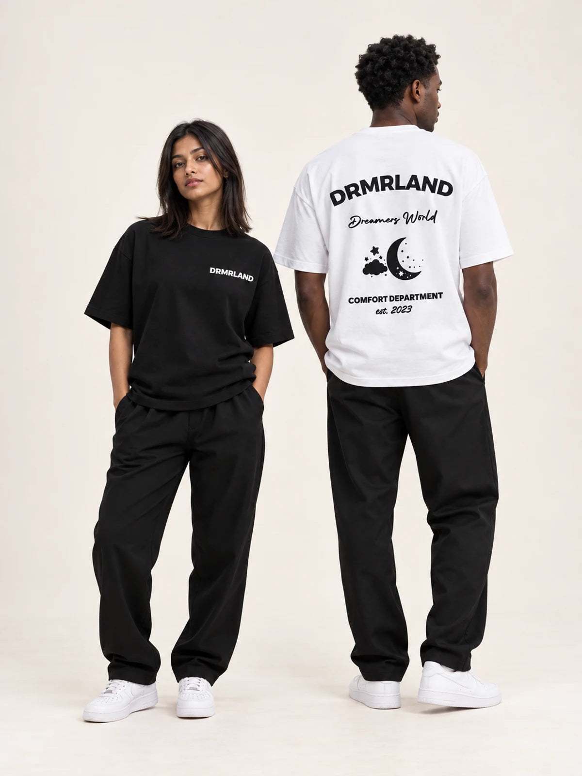 Dreamers Club black and white tees on two new models