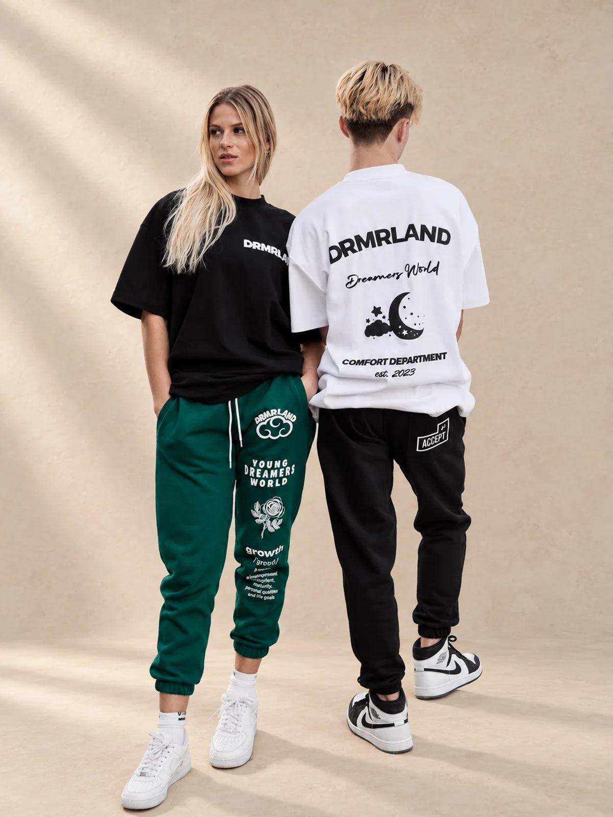 Dreamers Club black and white tees styled on models