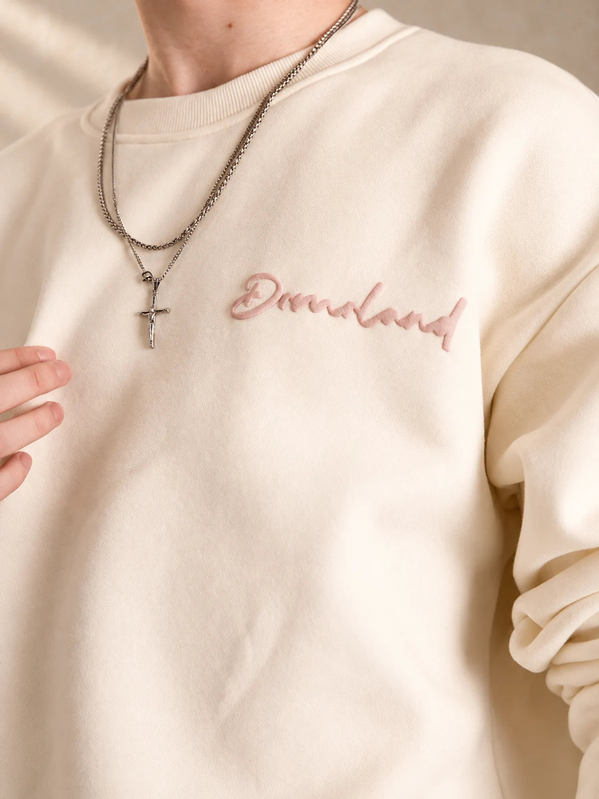 Hug Me sweater in beige, front script detail