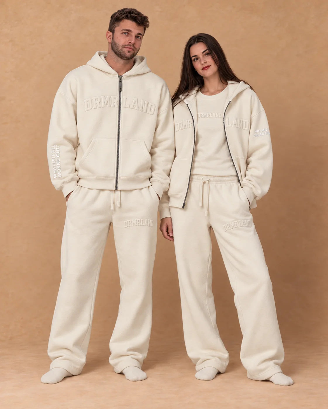 Cream DREAM set: duo front, both in hoodie sets